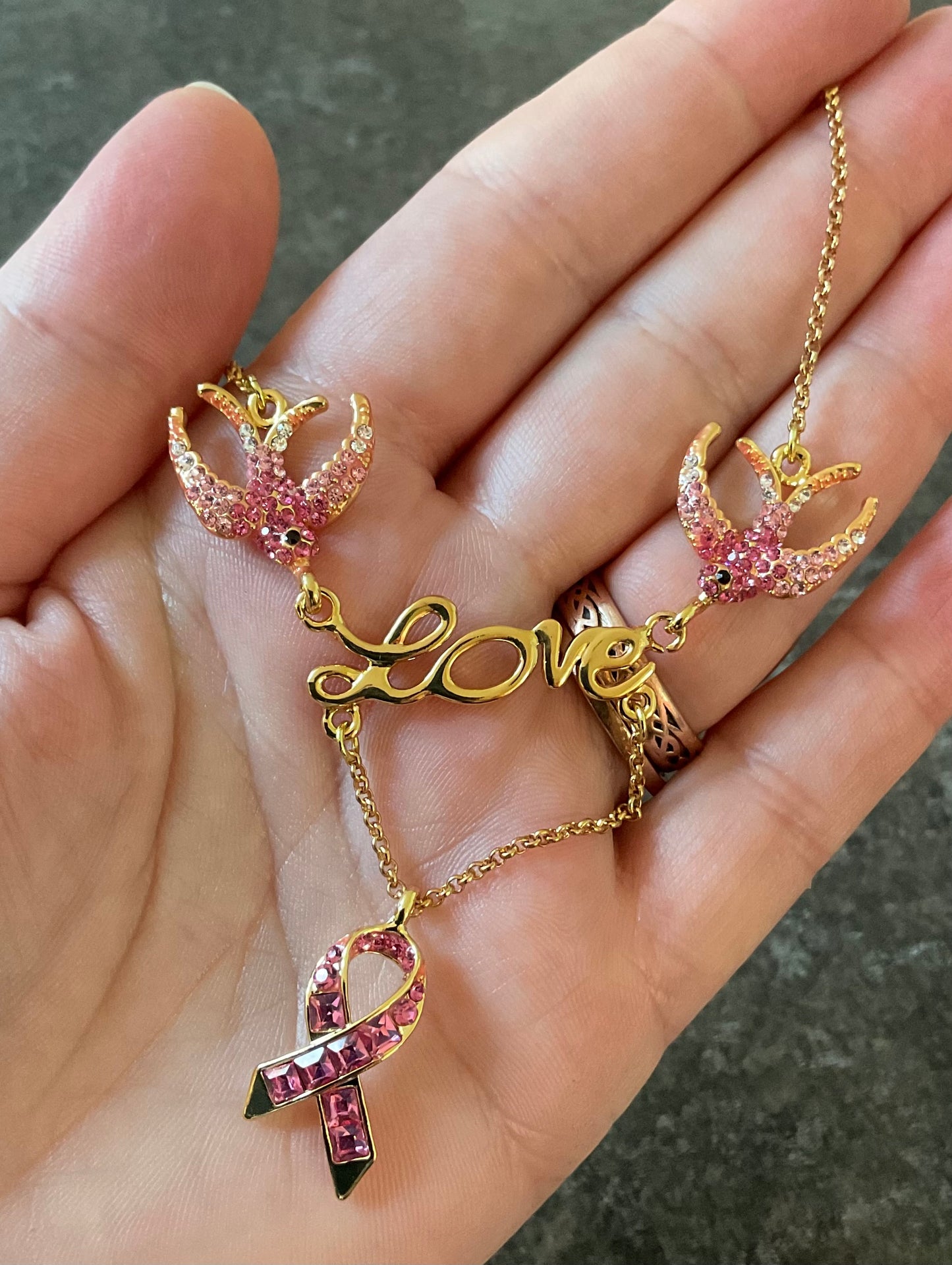 Butler and Wilson Pink Crystal Ribbon necklace with Swallows carrying the word ‘Love’