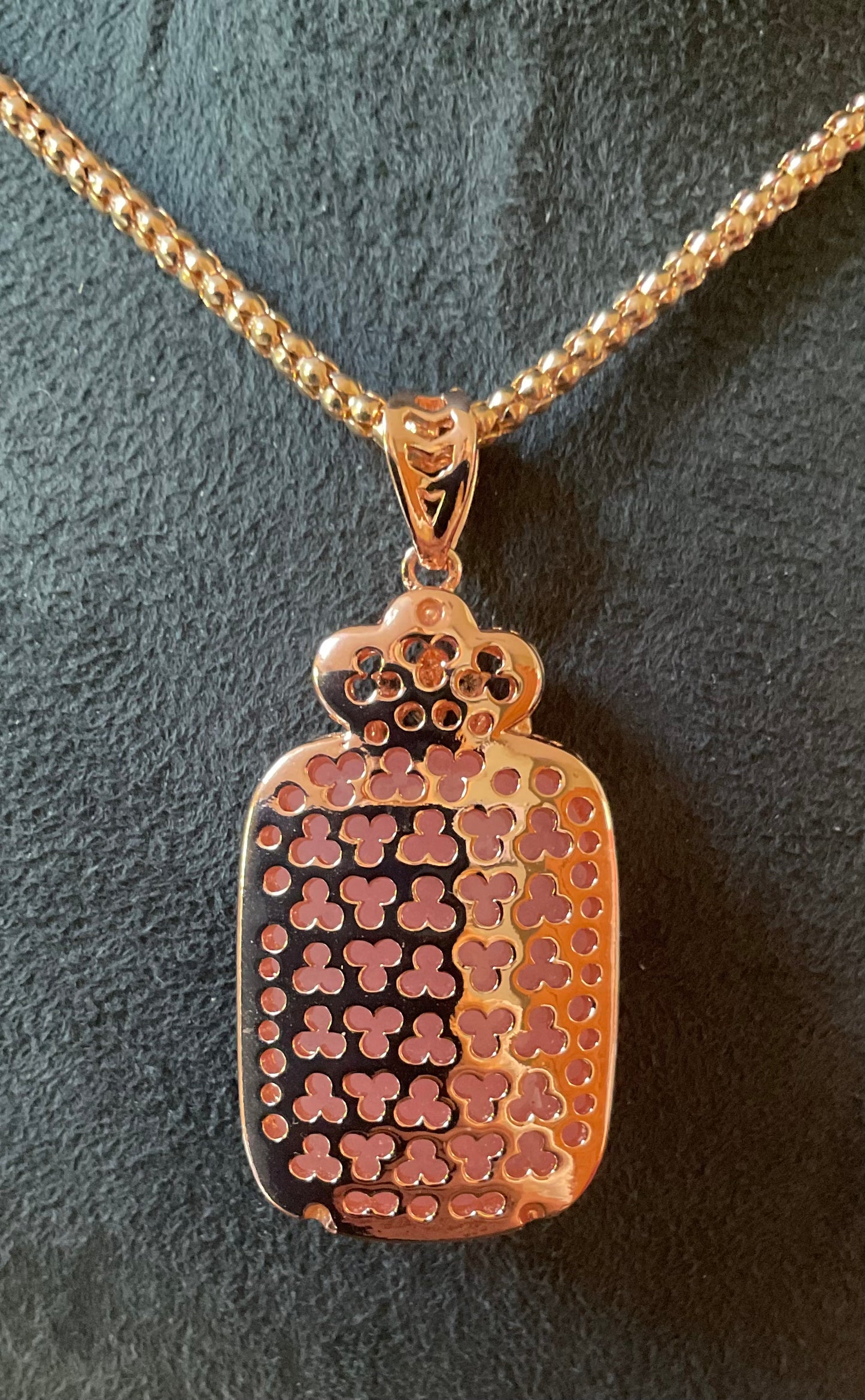 Butler and Wilson Chinese Dragon necklace with pink stone, crystals and enamel in rose gold tone with box