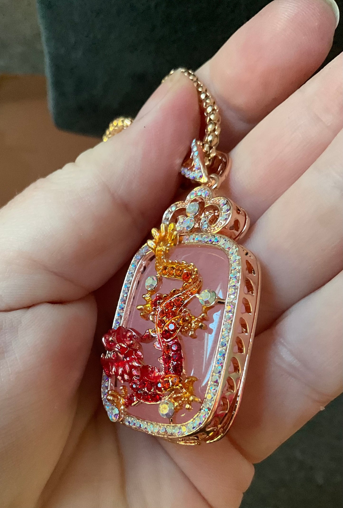 Butler and Wilson Chinese Dragon necklace with pink stone, crystals and enamel in rose gold tone with box