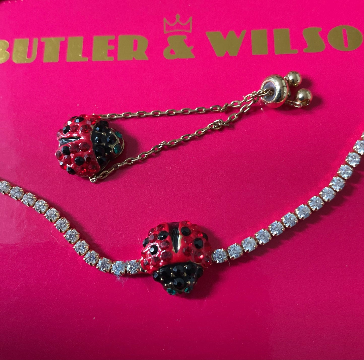 Butler and Wilson Adjustable friendship Ladybird bracelet and ring set with red and black crystals in box