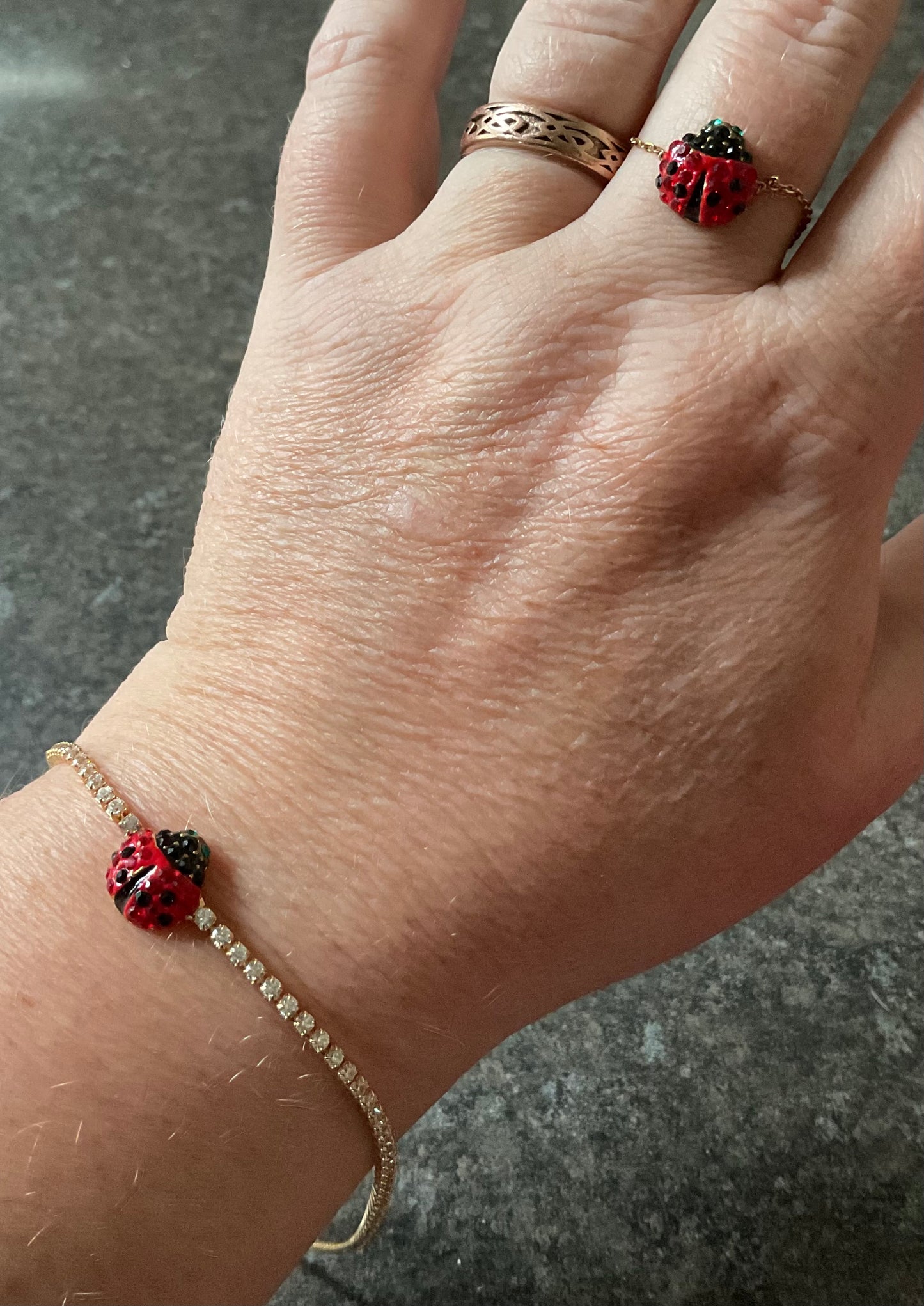 Butler and Wilson Adjustable friendship Ladybird bracelet and ring set with red and black crystals in box