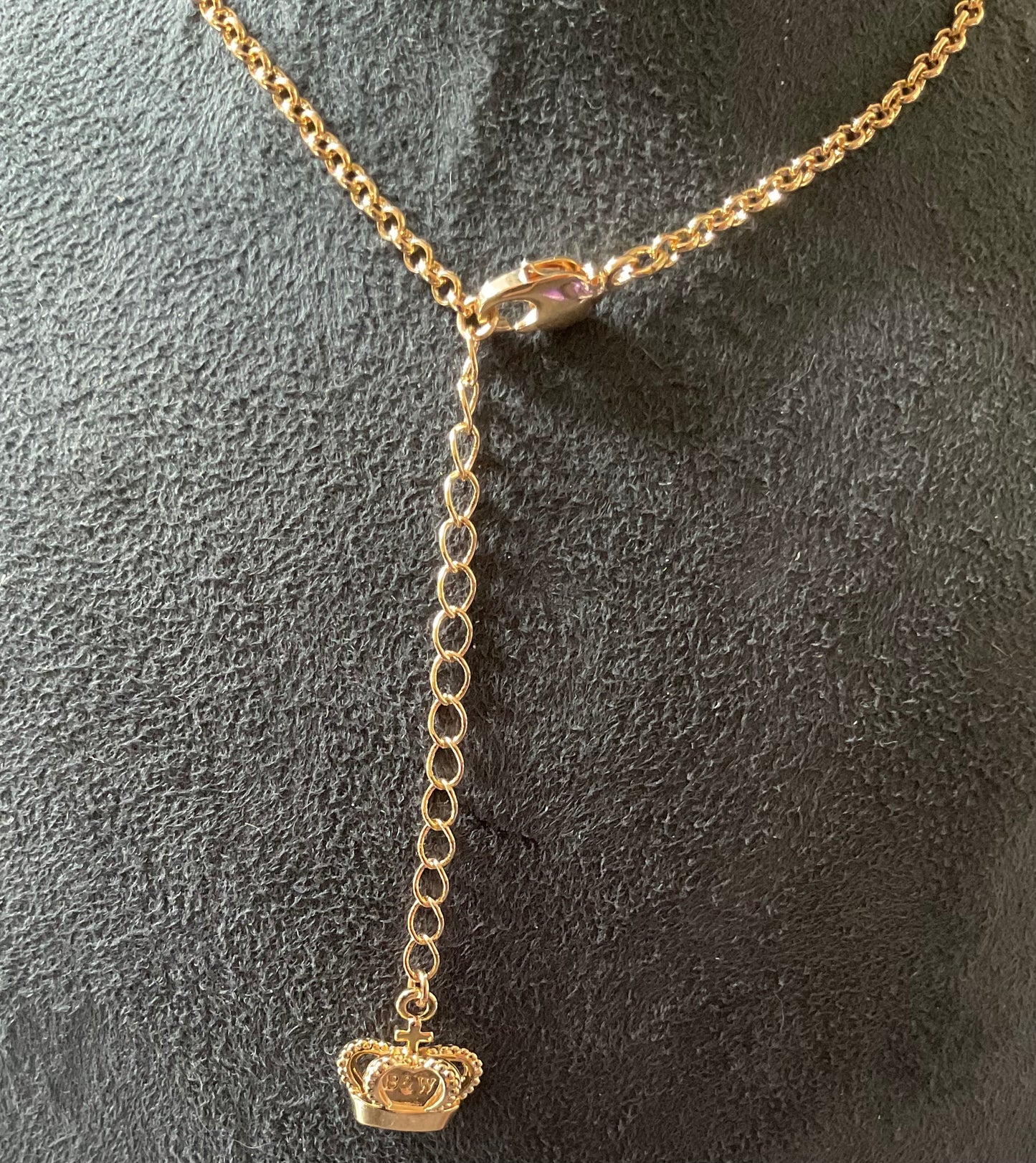 Butler and Wilson Red enamel heart with pink crystal ribbon necklace in yellow gold tone