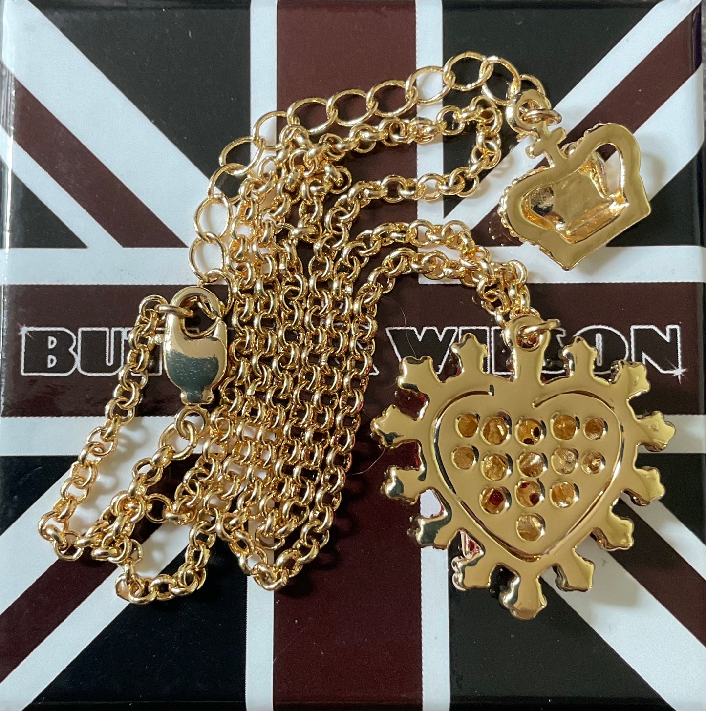 Butler and Wilson Red enamel heart with pink crystal ribbon necklace in yellow gold tone