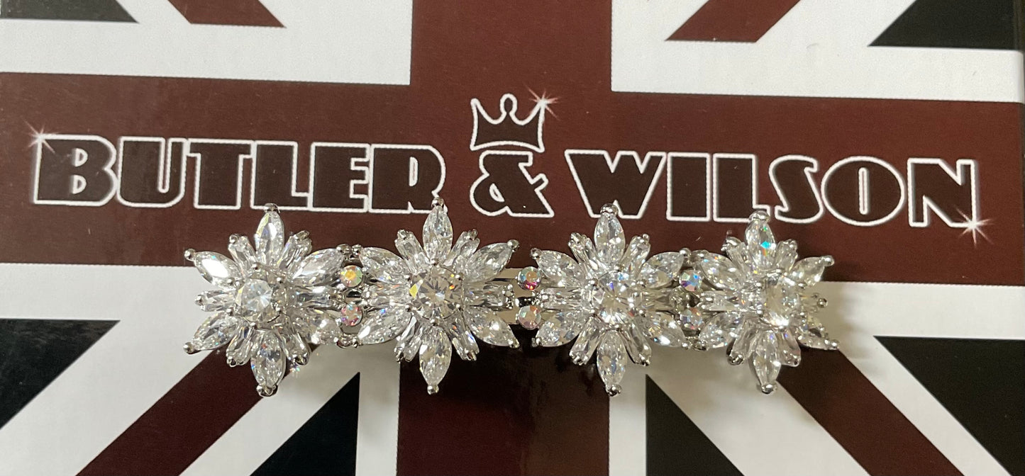 Butler and Wilson Crystal Floral Cluster Hair Clip jewellery in silver tone with Butler and Wilson box