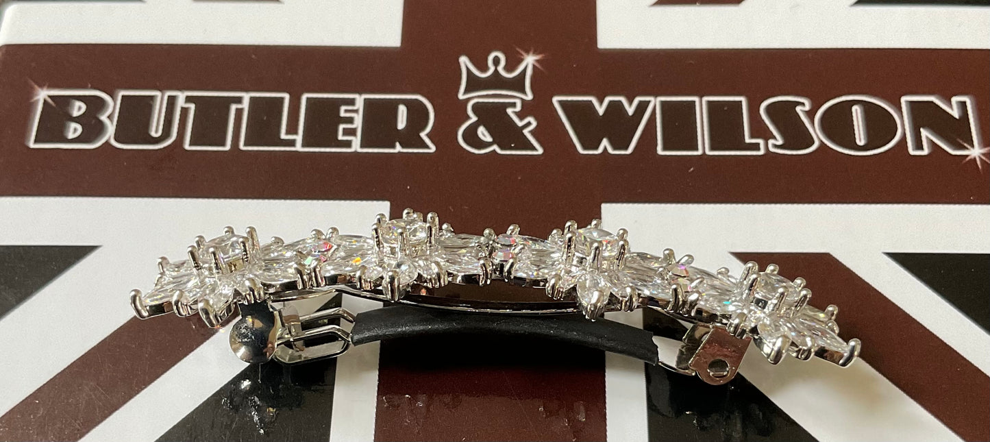 Butler and Wilson Crystal Floral Cluster Hair Clip jewellery in silver tone with Butler and Wilson box