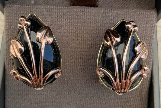Clogau 9ct Black Onyx Nightfall stud earrings in yellow and rose gold with post and clip for pierced ears