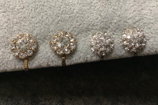 2 x vintage silver and gold tone diamanté stud clip on earrings