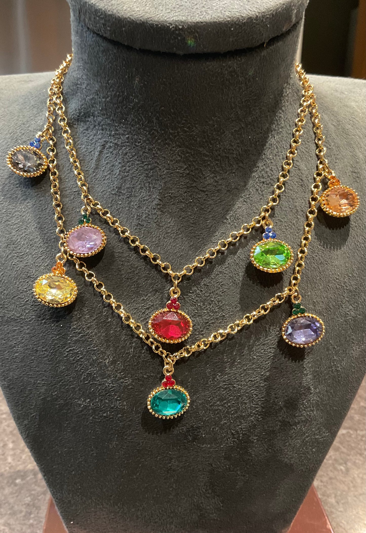 Butler and Wilson Multicoloured Crystal Jewel drop double row choker necklace in gold tone