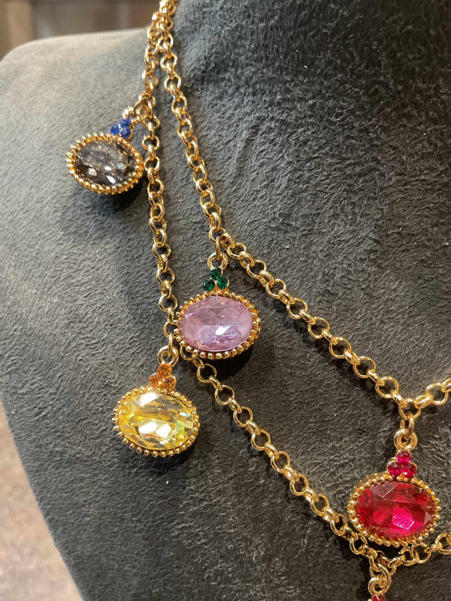 Butler and Wilson Multicoloured Crystal Jewel drop double row choker necklace in gold tone