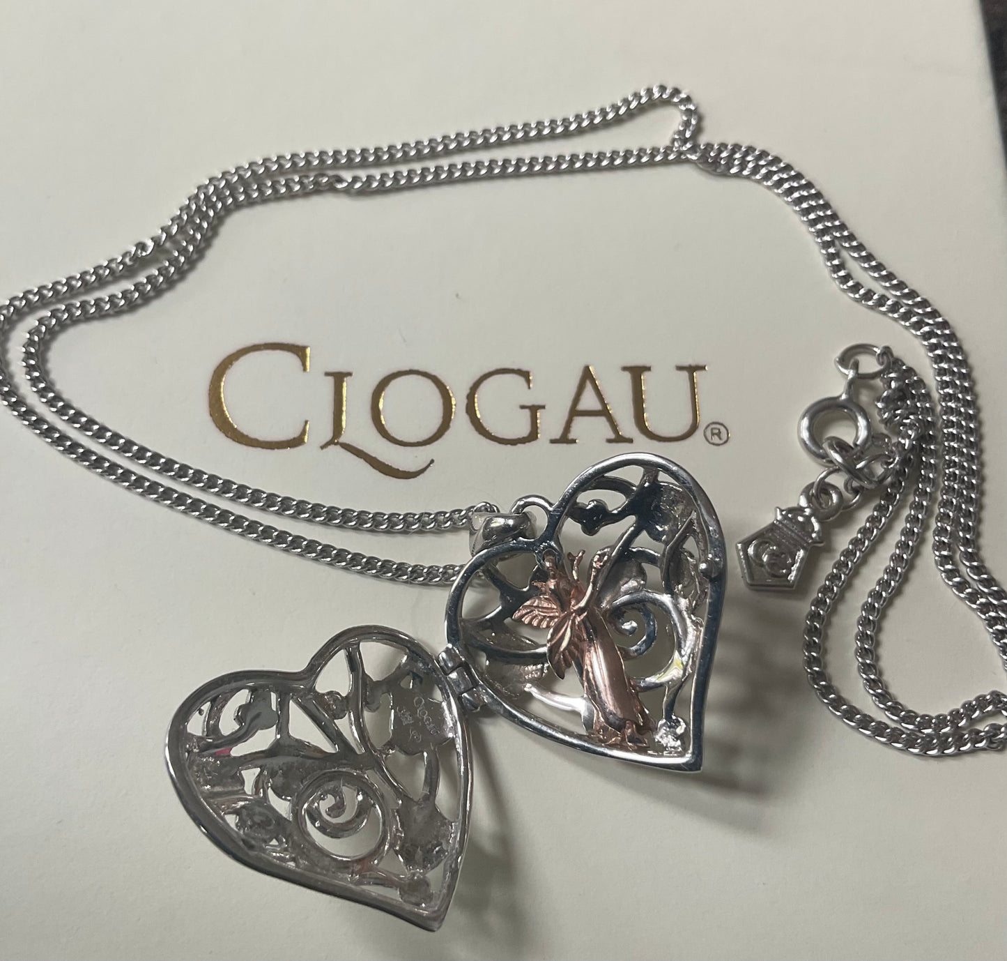 Clogau Tree of Life Fairy Heart Locket necklace in silver and rose gold 18”