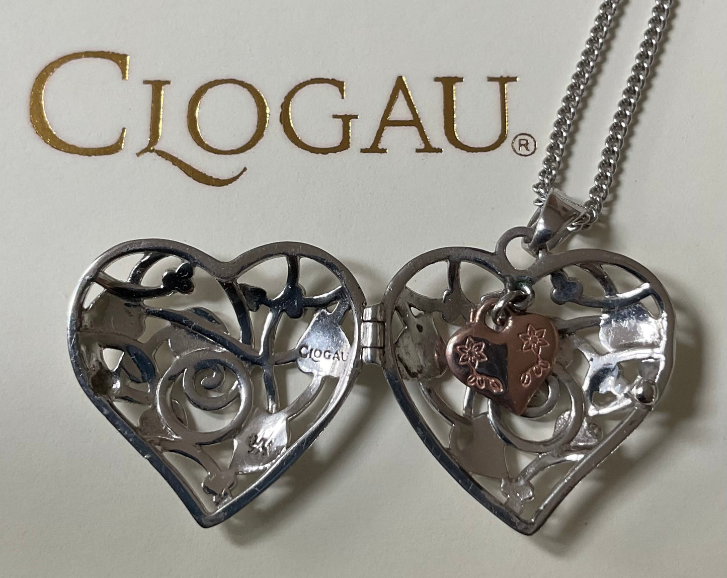Clogau Hanging Heart Tree of Life Locket Pendant necklace 18” silver and rose gold