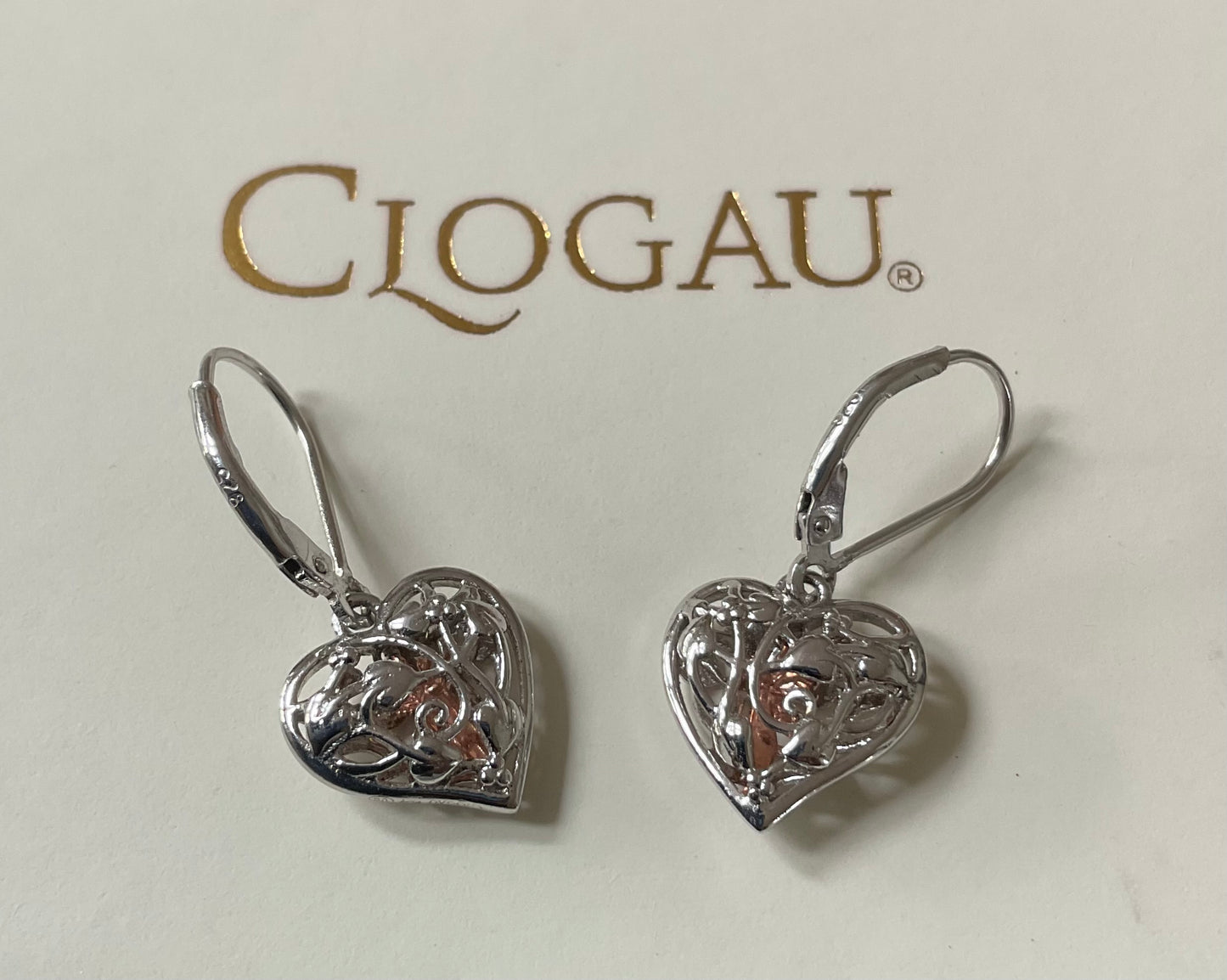 Clogau Tree of Life Fairy Heart drop earrings in silver and rose gold lever back