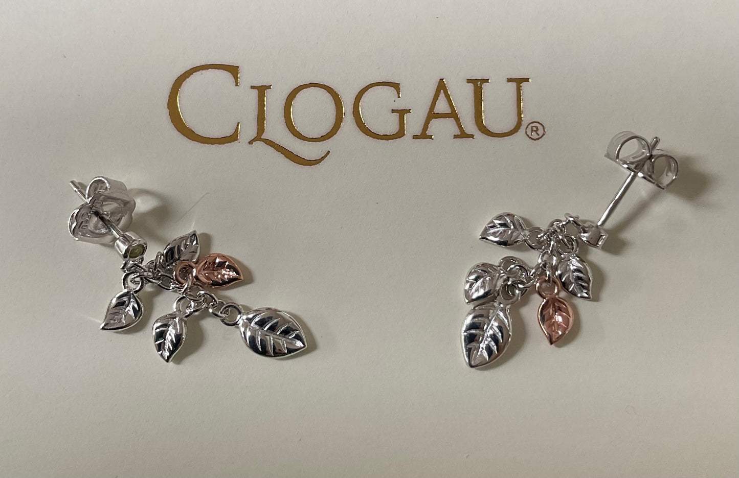 New! Clogau Awelon Peridot drop leaves earrings in silver and rose gold