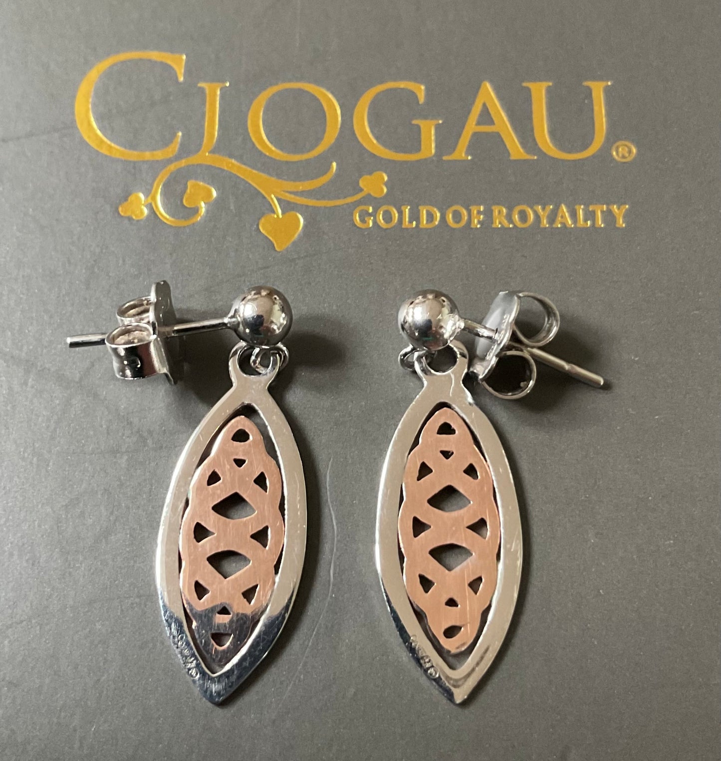 Clogau Queen Eleanor elliptical drop earrings in 925 sterling silver and 9ct rose gold