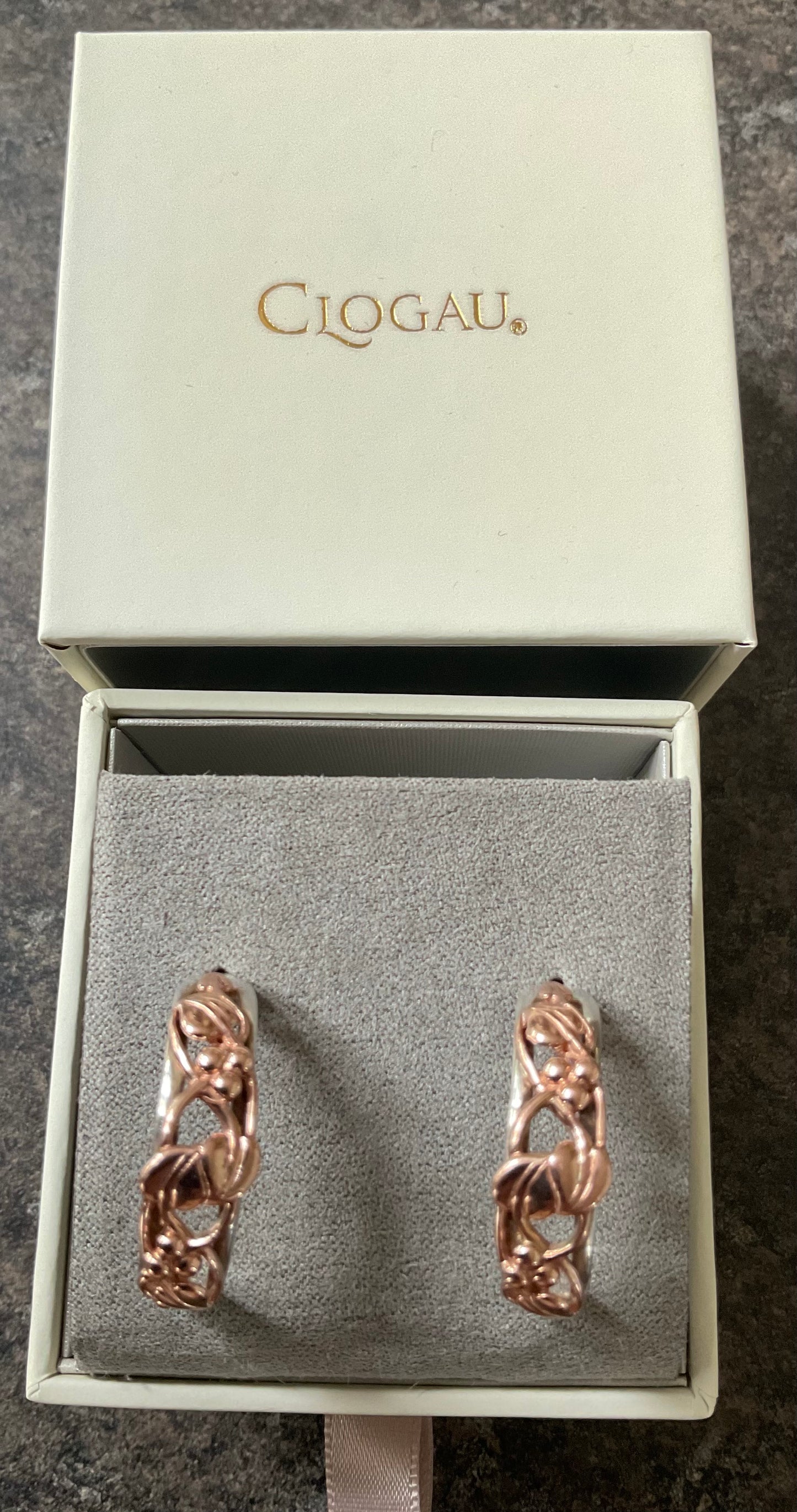 Clogau Tree of Life Half hoop large vintage earrings in silver and rose gold 1999 hallmark