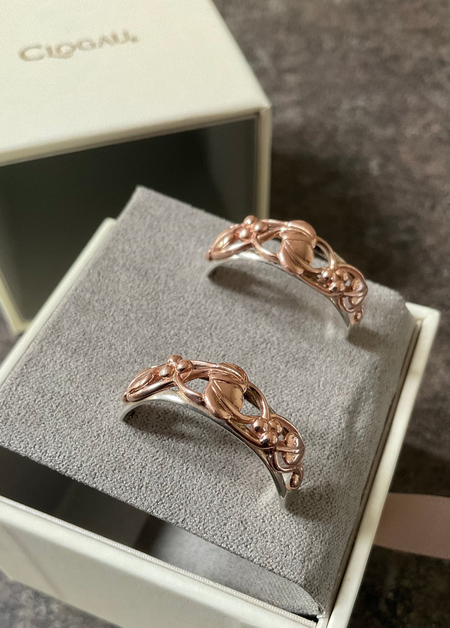 Clogau Tree of Life Half hoop large vintage earrings in silver and rose gold 1999 hallmark