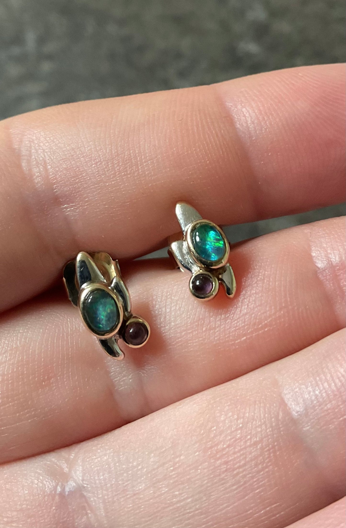 Clogau 9ct RARE Vintage Monet Water Lilies Opal and Amethyst cabochon stud earrings yellow and white gold