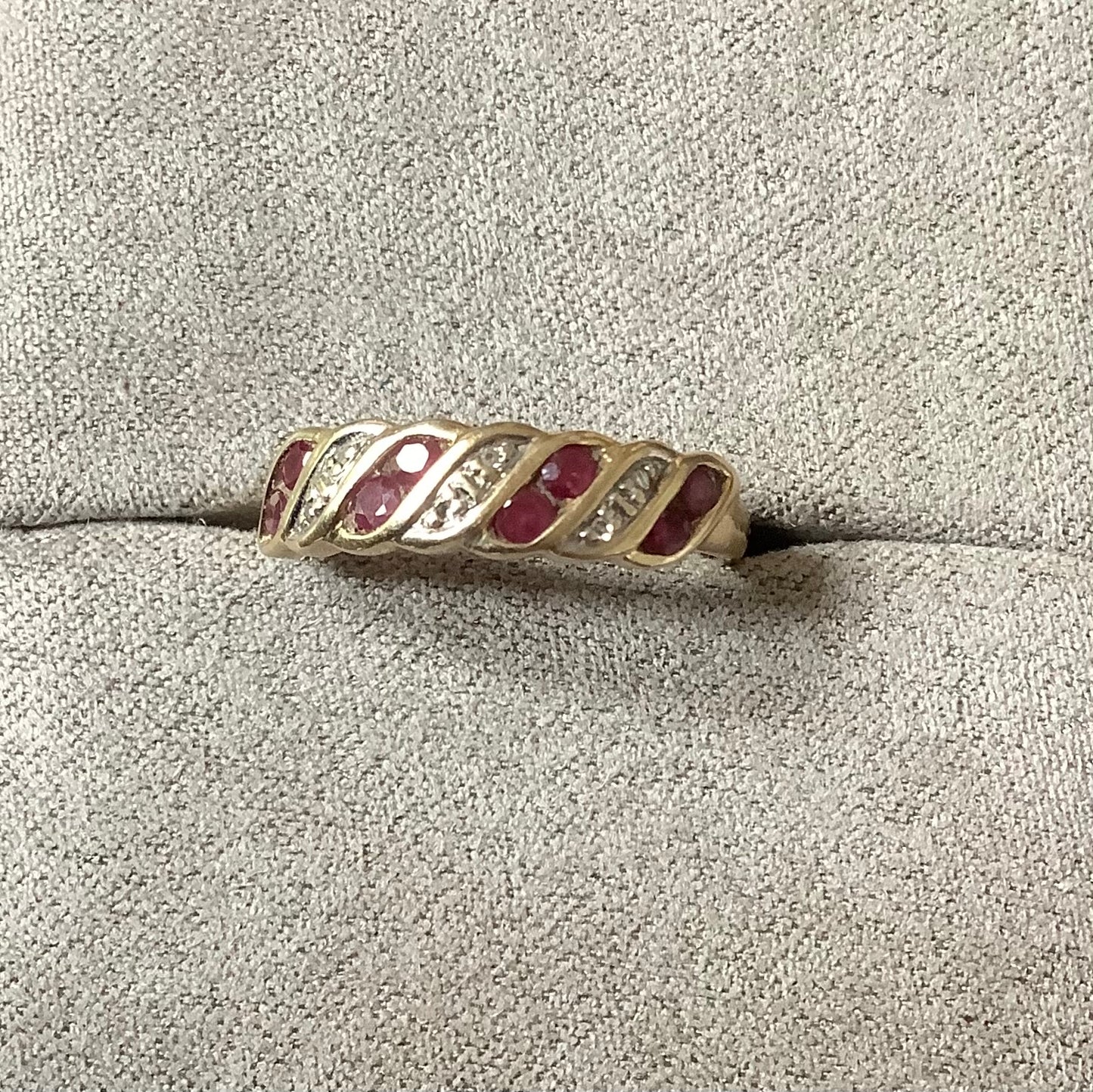 Vintage 9ct ruby and diamond wave ring size L yellow gold London import hallmark 1995