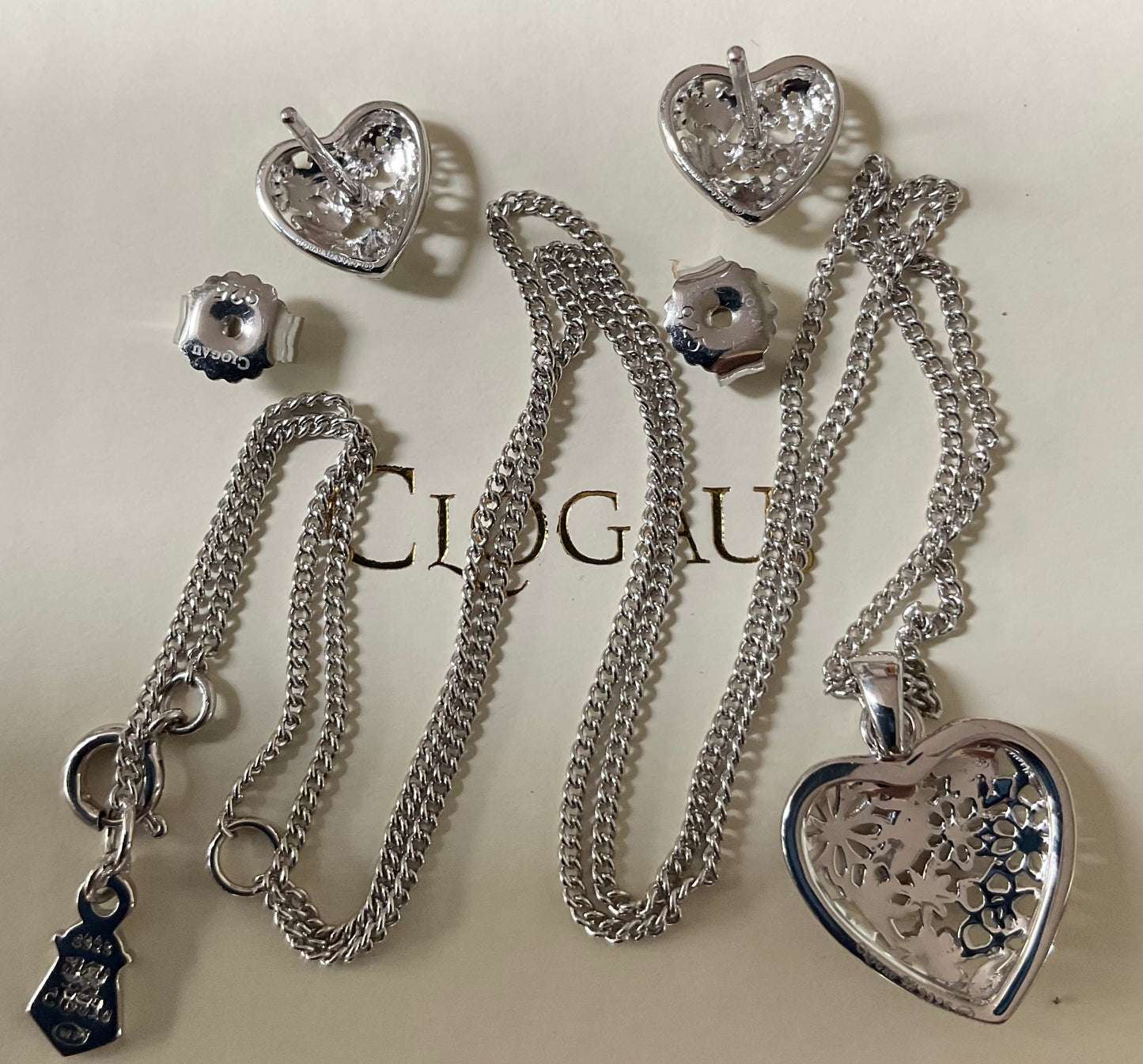 Clogau Floral Heart earrings and necklace set 16-18” Rare silver and rose gold
