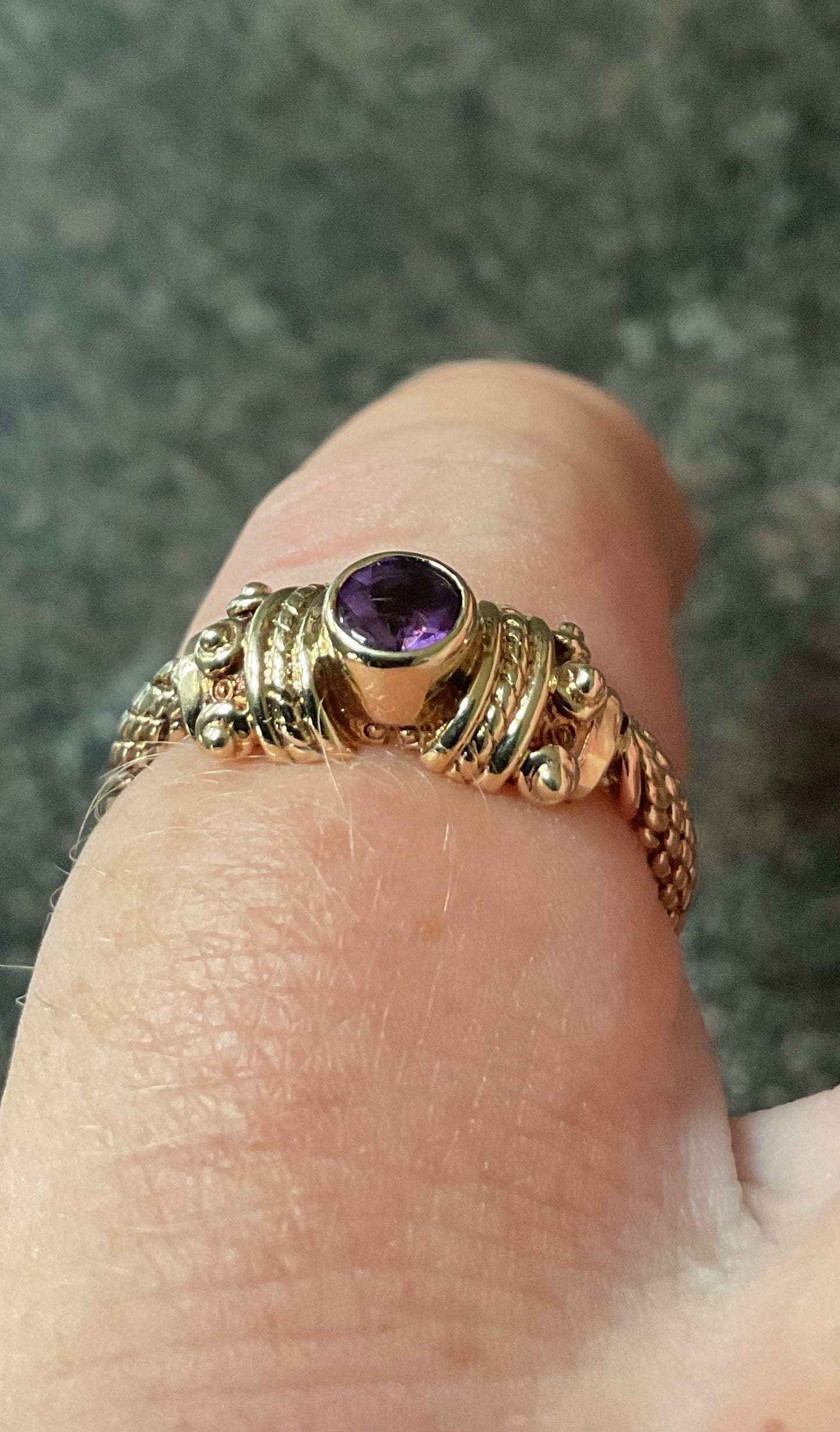 Clogau 9ct Rare Vintage Amethyst Cabochon Byzantine Weave ring size O 1995 yellow and rose gold