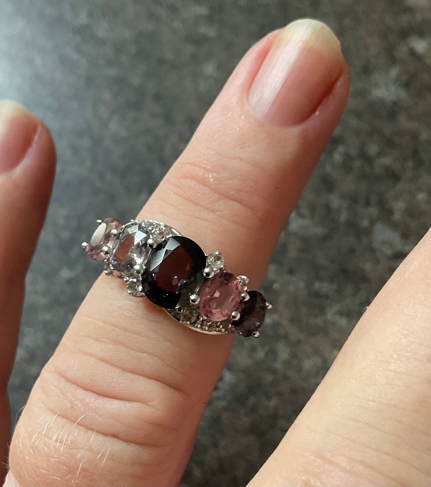 925 Multicolour Spinel 5 stone silver ring with clear stones size L1/2 TGGC