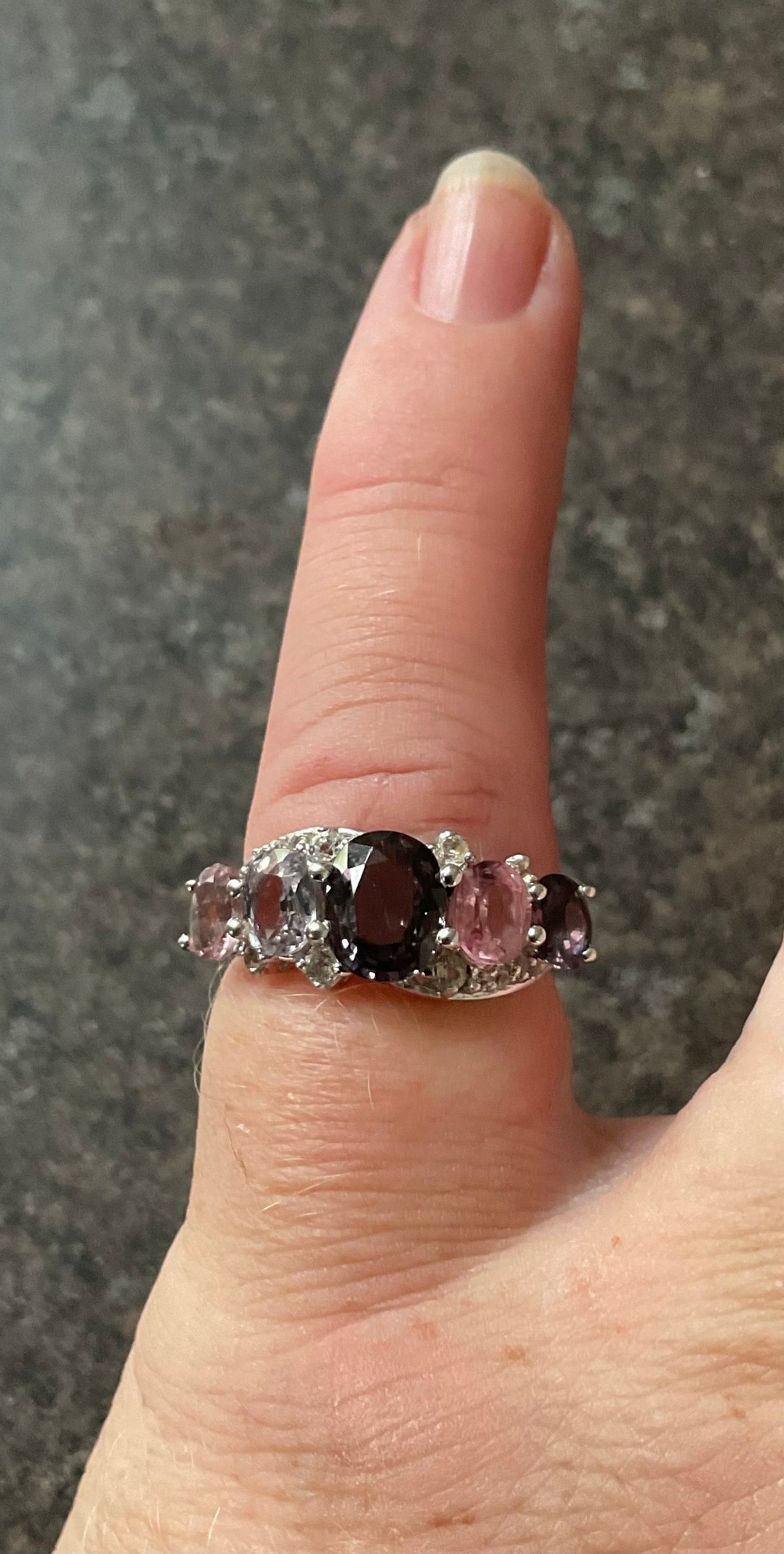 925 Multicolour Spinel 5 stone silver ring with clear stones size L1/2 TGGC