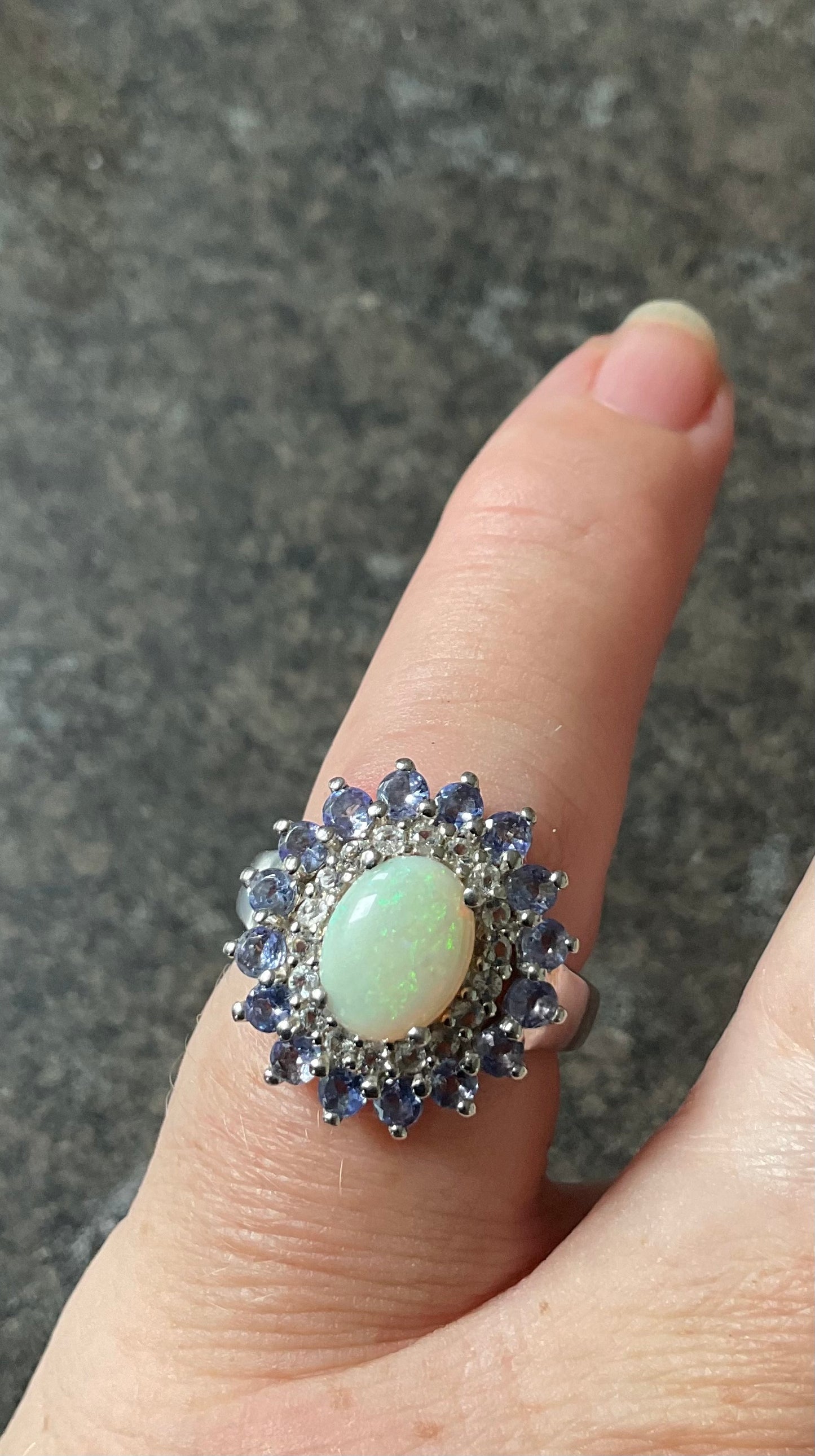 925 Opal Tanzanite and Zircon oval cluster halo sterling silver ring size L TGGC