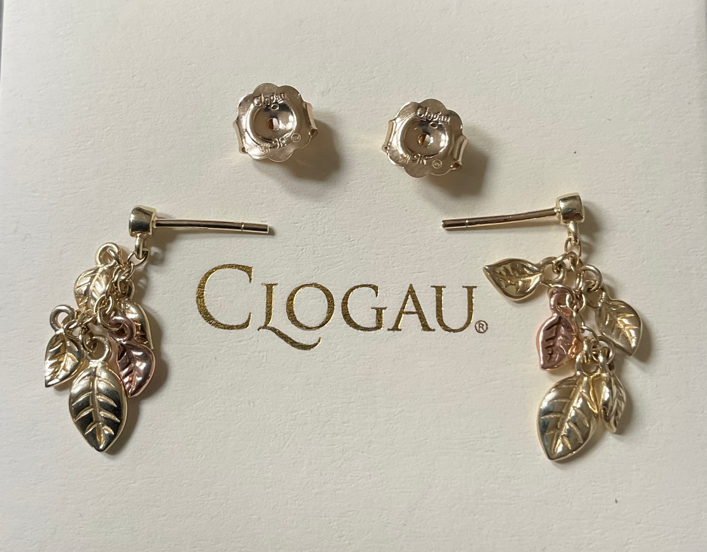 Clogau 9ct Awelon Peridot Leaves drop earrings in yellow and rose gold