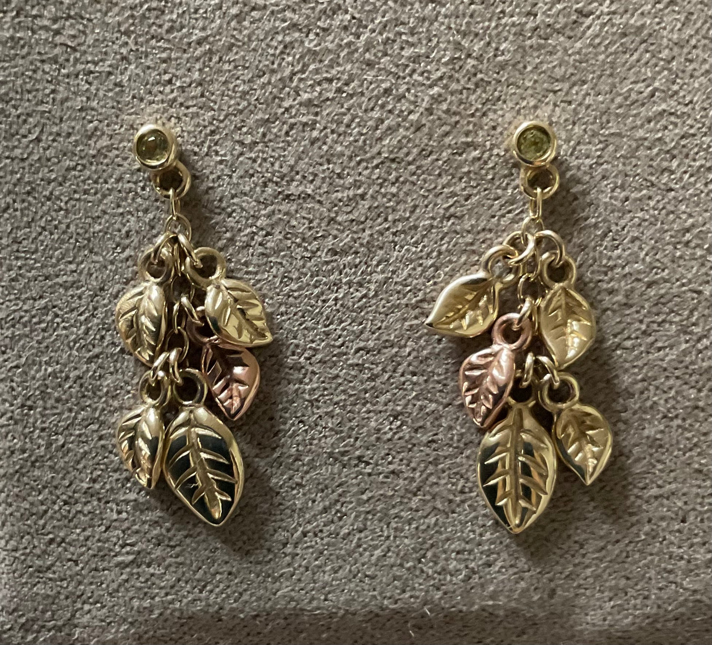 Clogau 9ct Awelon Peridot Leaves drop earrings in yellow and rose gold