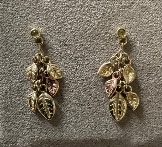 Clogau 9ct Awelon Peridot Leaves drop earrings in yellow and rose gold