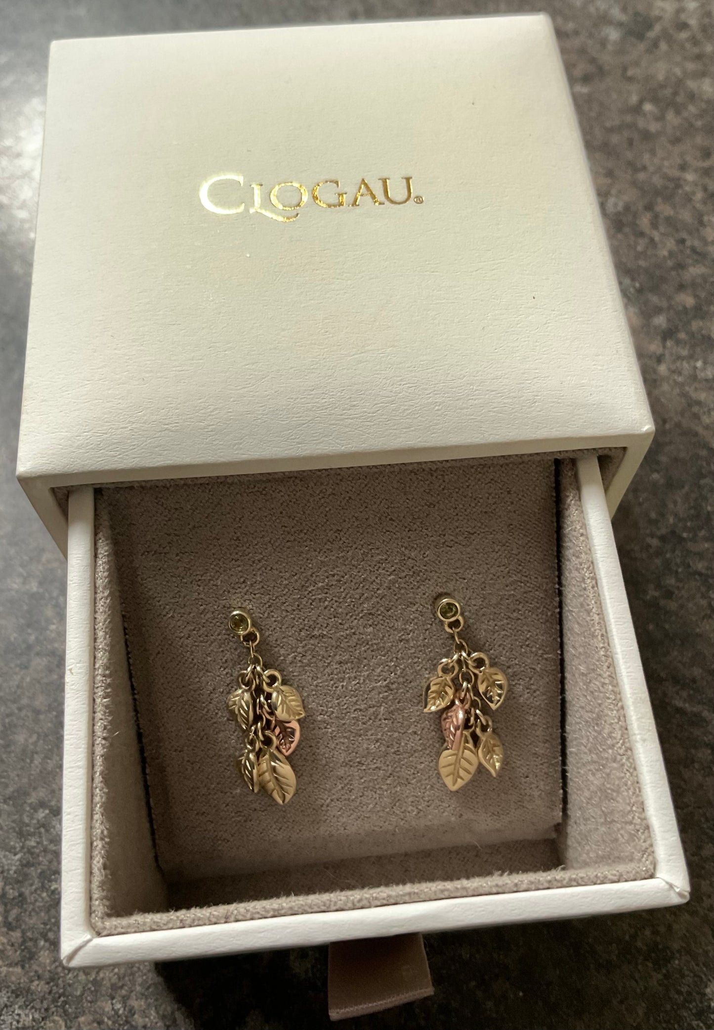Clogau 9ct Awelon Peridot Leaves drop earrings in yellow and rose gold