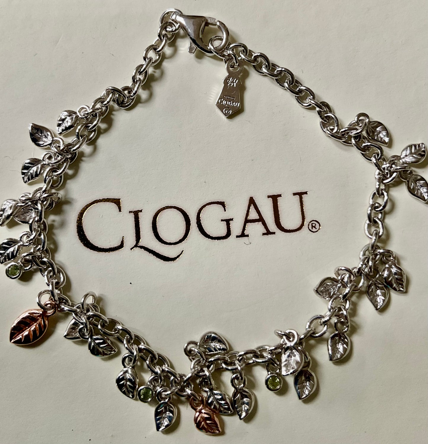 Clogau Awelon Peridot Leaves bracelet 18.5cm in silver and rose gold