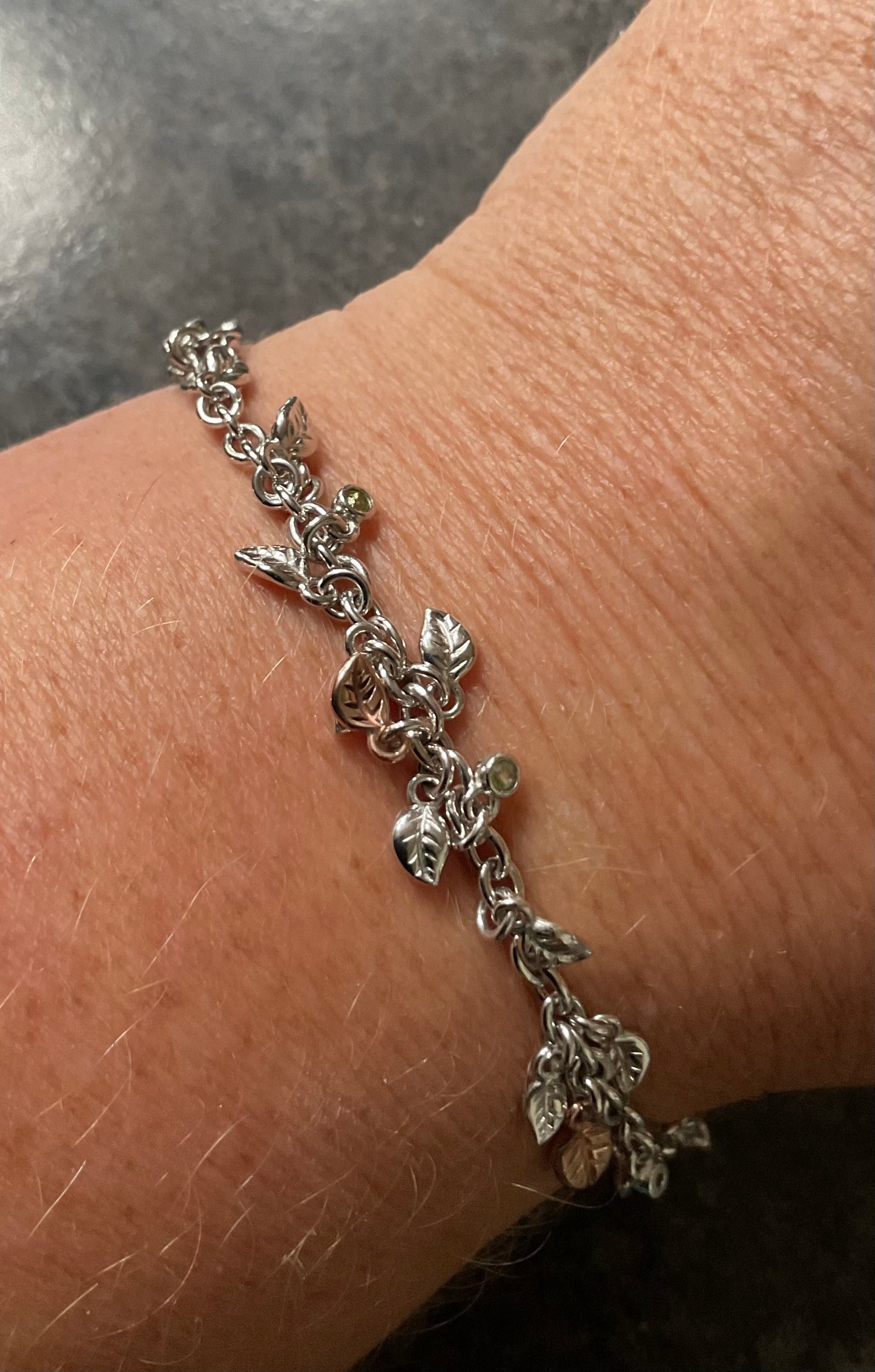 Clogau Awelon Peridot Leaves bracelet 18.5cm in silver and rose gold