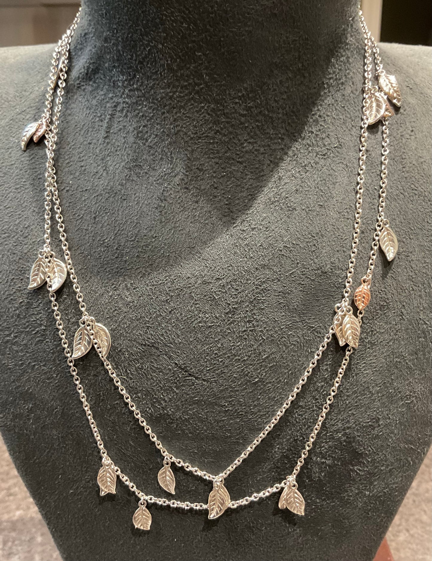 Clogau Rare Awelon 40” long leaves necklace in silver and rose gold 19.20g