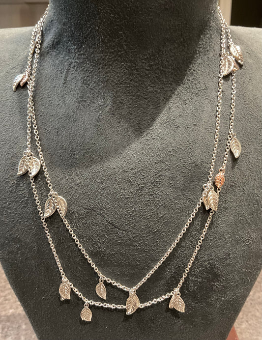 Clogau Rare Awelon 40” long leaves necklace in silver and rose gold 19.20g