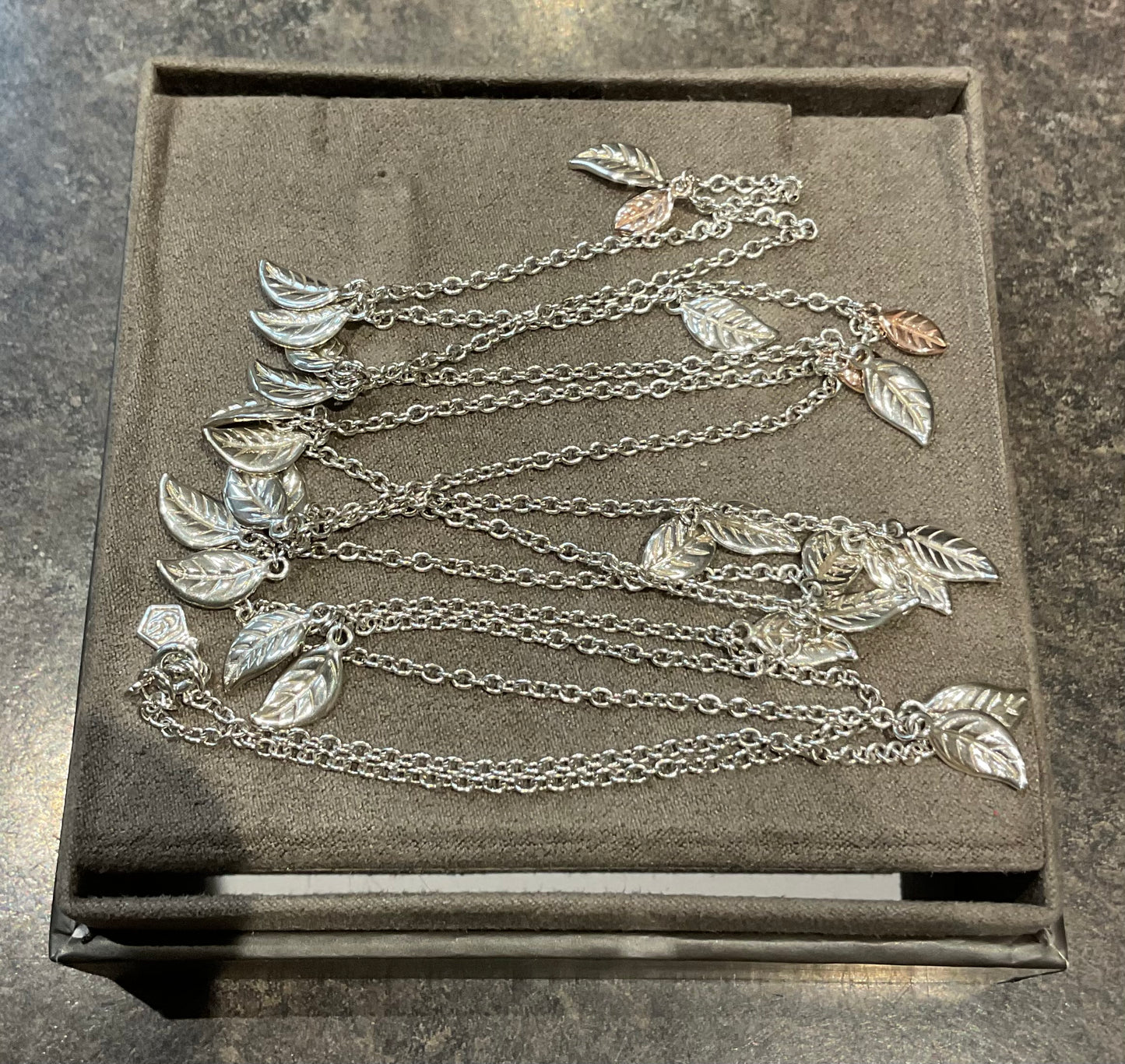 Clogau Rare Awelon 40” long leaves necklace in silver and rose gold 19.20g