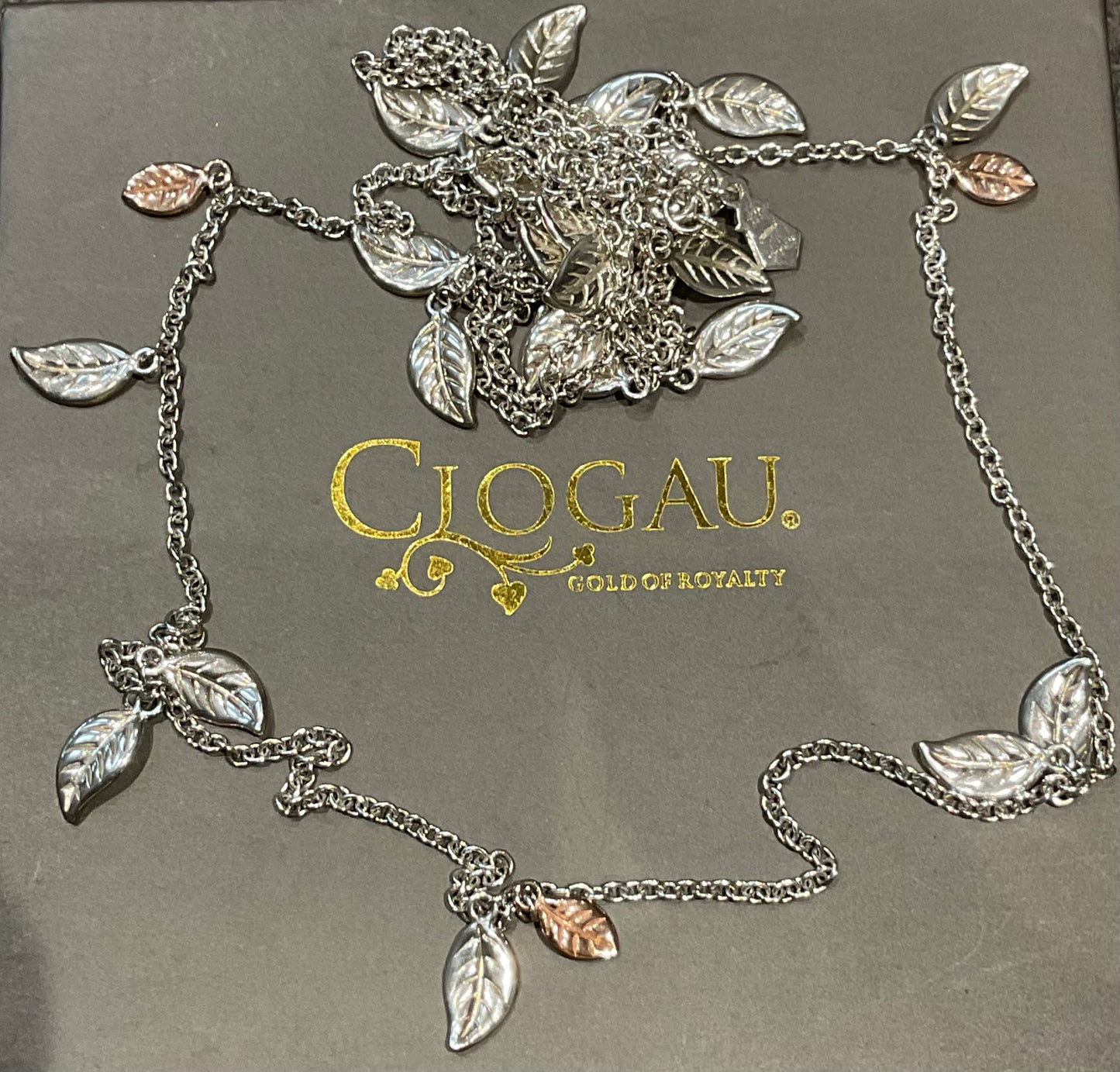 Clogau Rare Awelon 40” long leaves necklace in silver and rose gold 19.20g