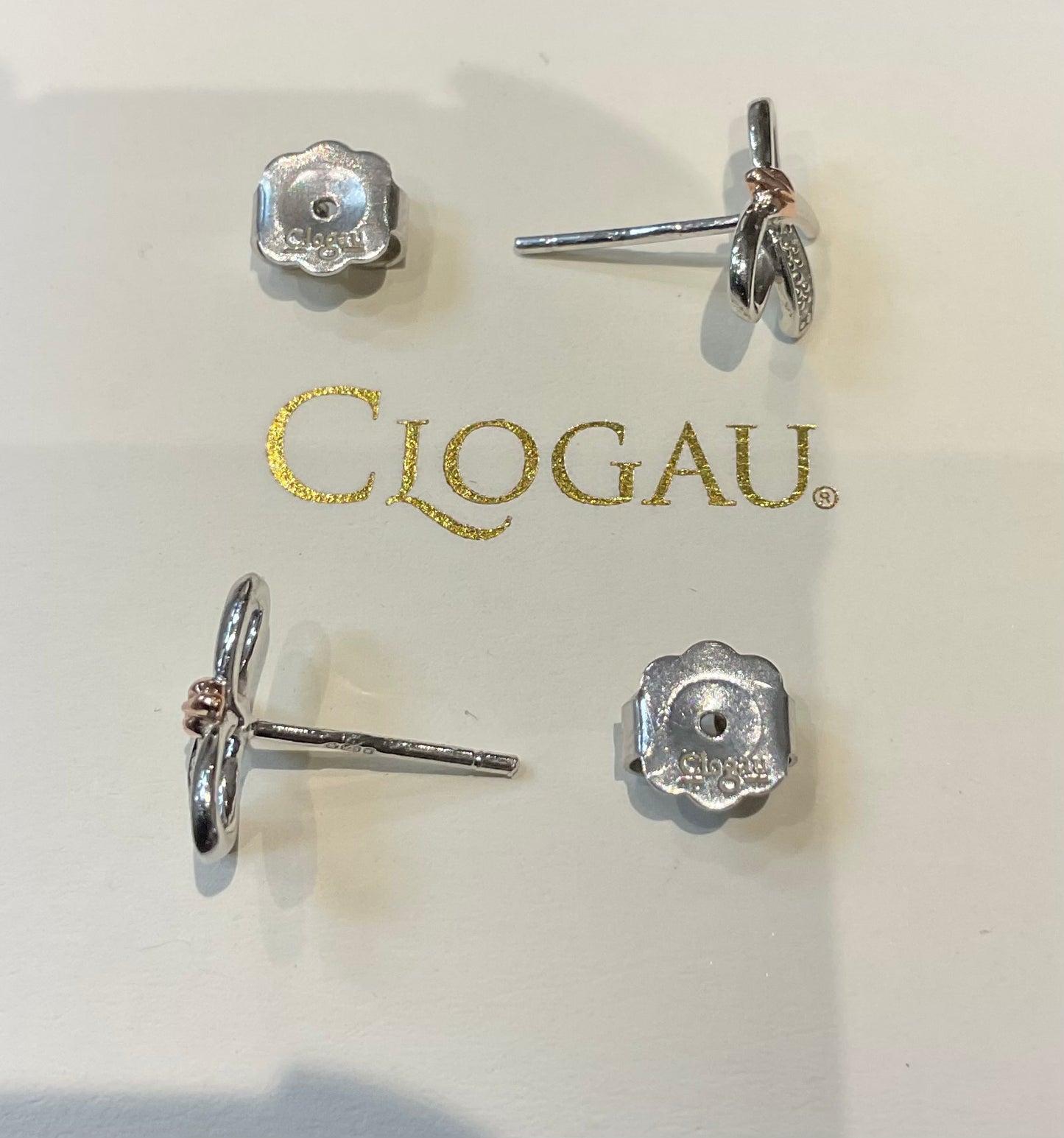 Clogau White Topaz Tree of Life Bow stud earrings in silver and rose gold