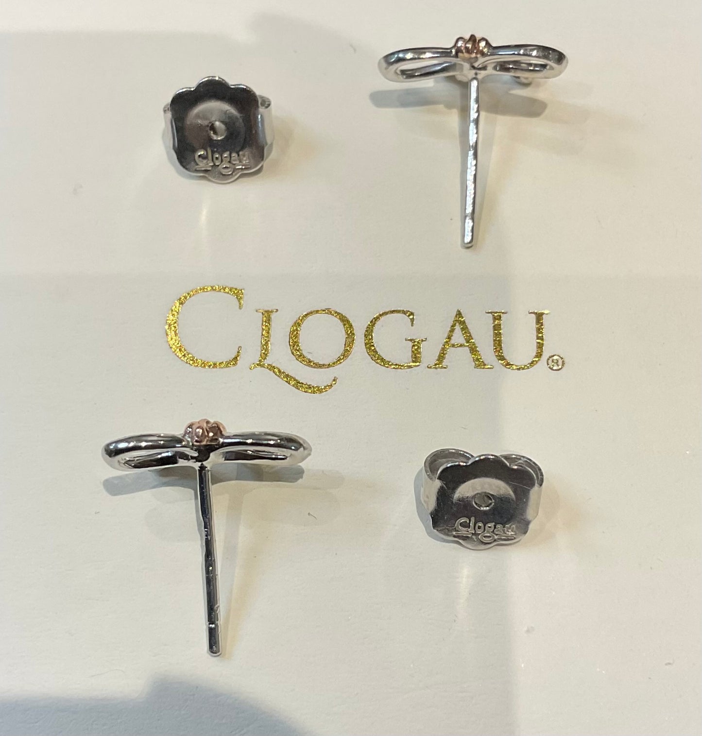Clogau White Topaz Tree of Life Bow stud earrings in silver and rose gold