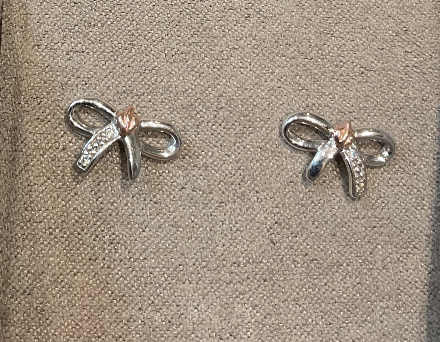 Clogau White Topaz Tree of Life Bow stud earrings in silver and rose gold