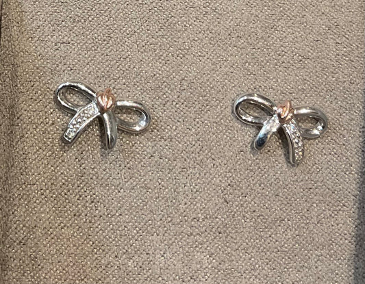 Clogau White Topaz Tree of Life Bow stud earrings in silver and rose gold