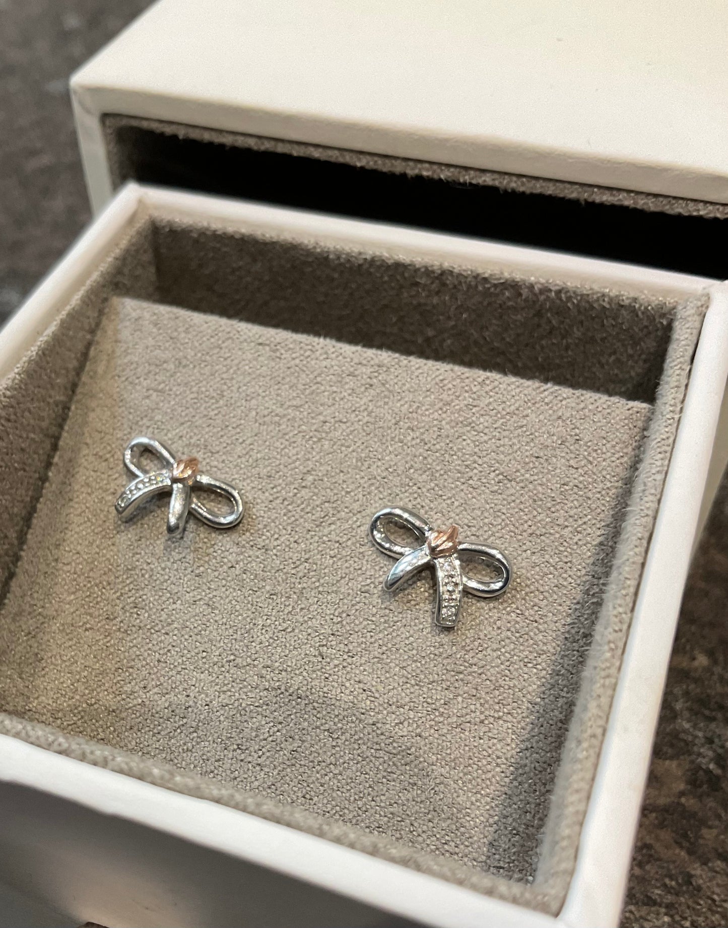 Clogau White Topaz Tree of Life Bow stud earrings in silver and rose gold