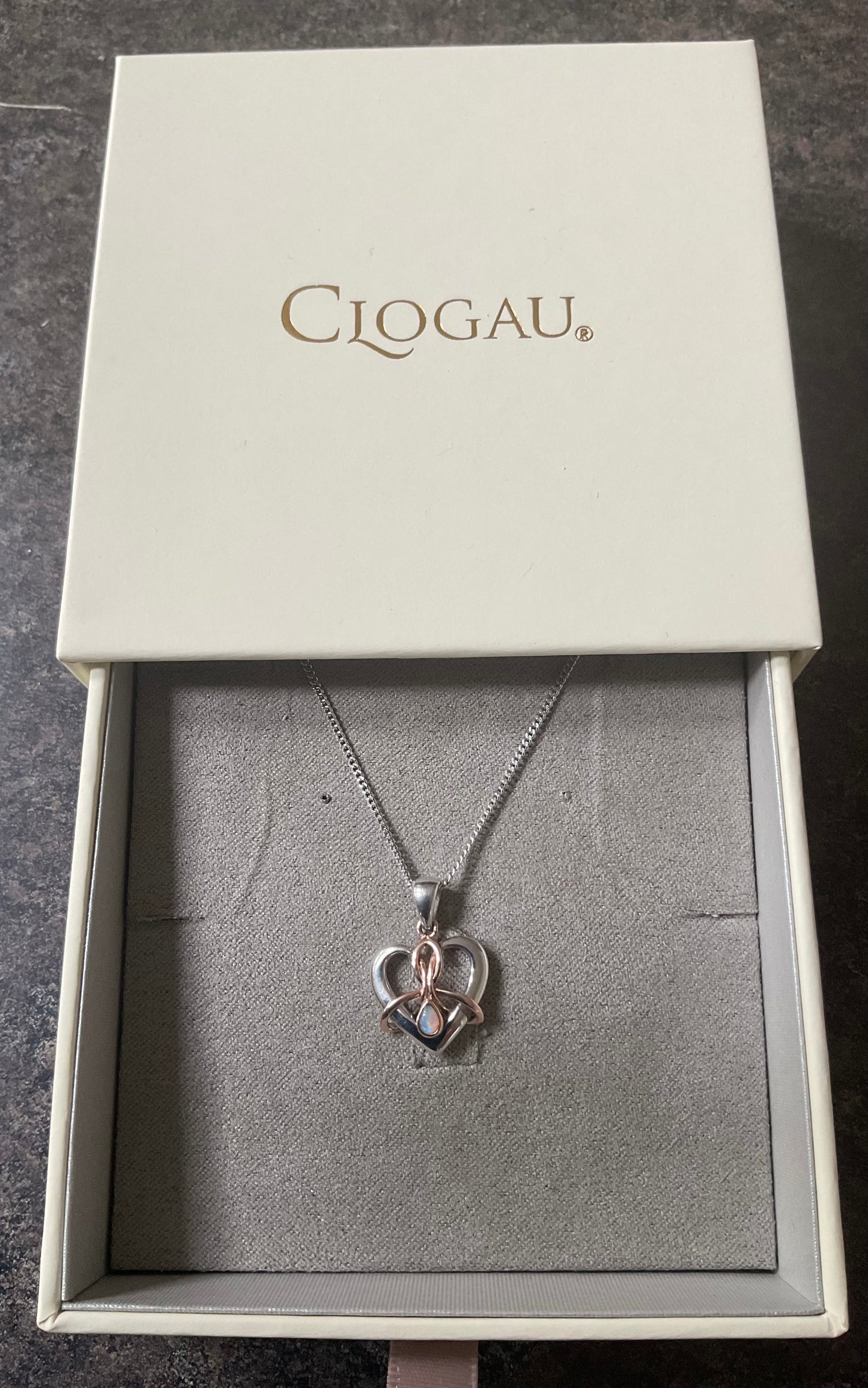 Clogau Dwynwen Forever Yours Opal Heart pendant necklace 18-22” in silver and rose gold