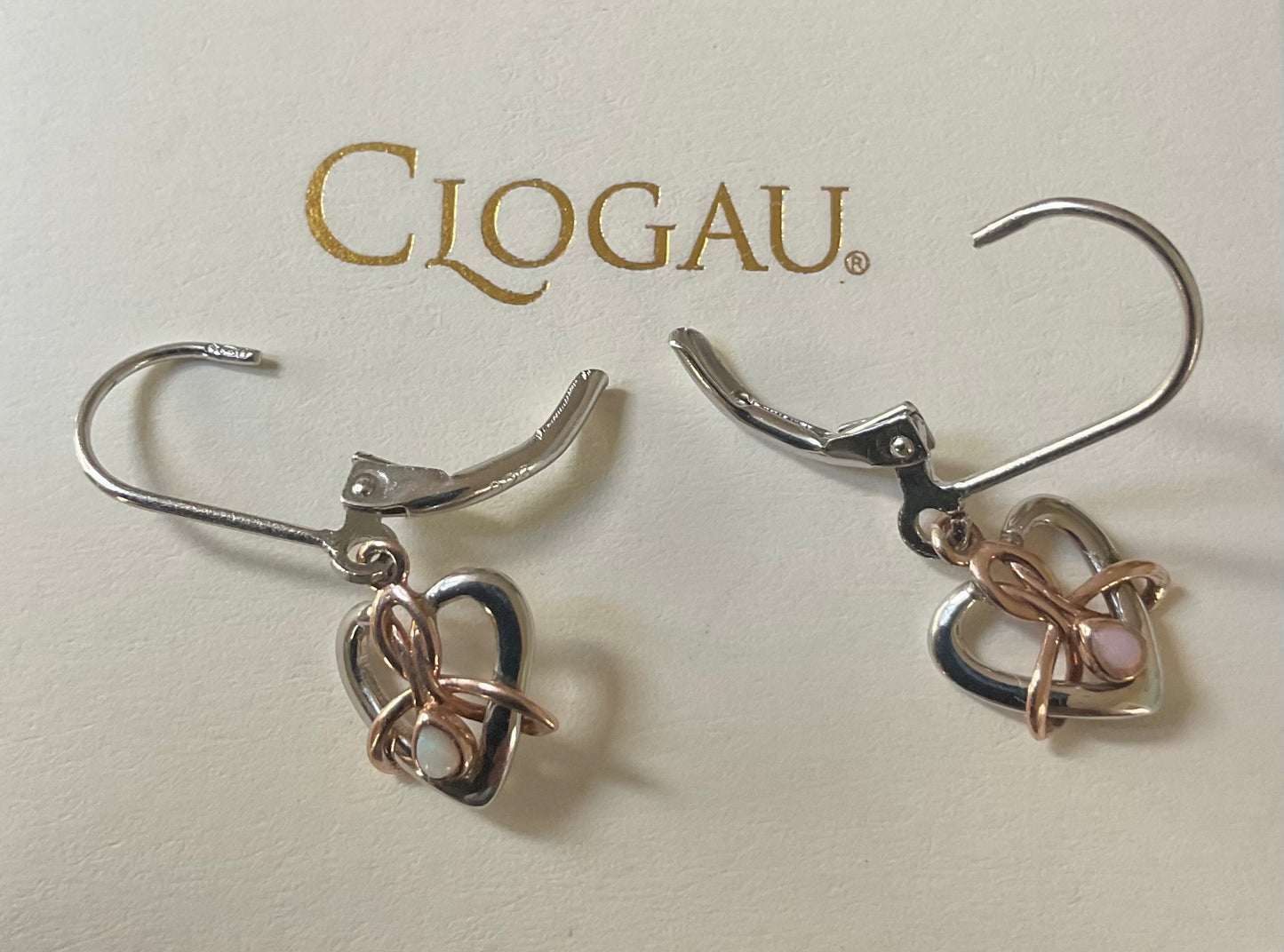 Clogau Forever Yours Dwynwen Opal heart drop lever back earrings in 925 silver and 9ct rose gold