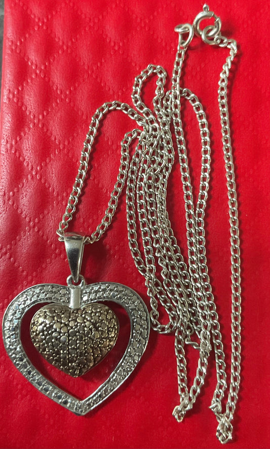 925 white and cognac diamond double heart pendant necklace 20” sterling silver TGGC