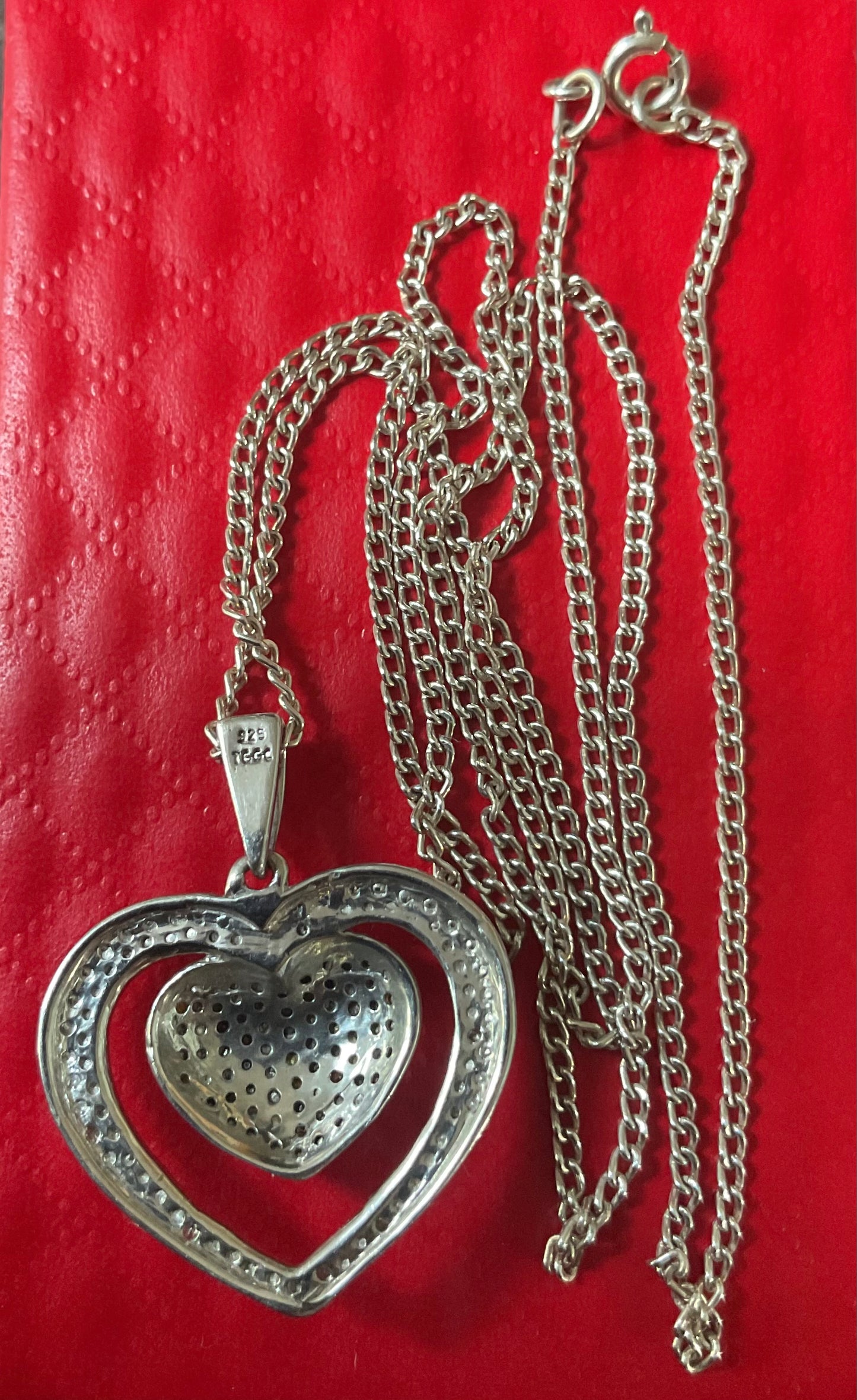 925 white and cognac diamond double heart pendant necklace 20” sterling silver TGGC