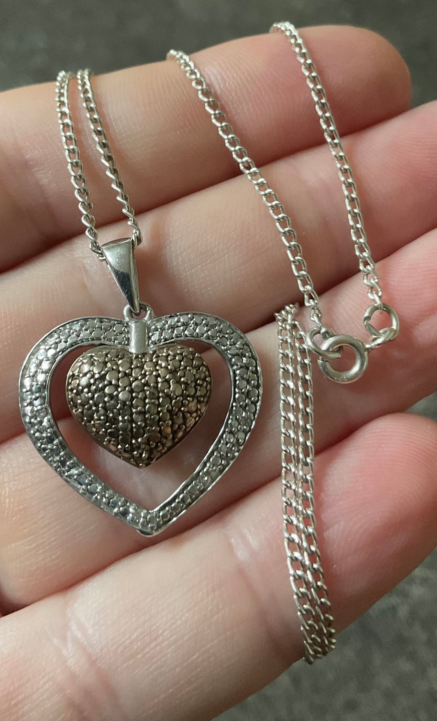 925 white and cognac diamond double heart pendant necklace 20” sterling silver TGGC