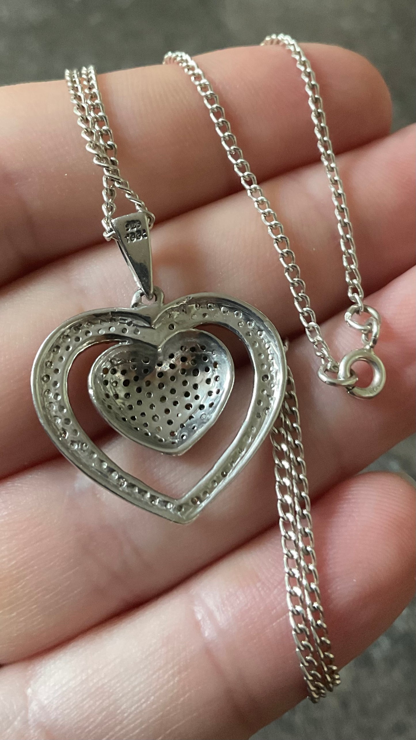 925 white and cognac diamond double heart pendant necklace 20” sterling silver TGGC