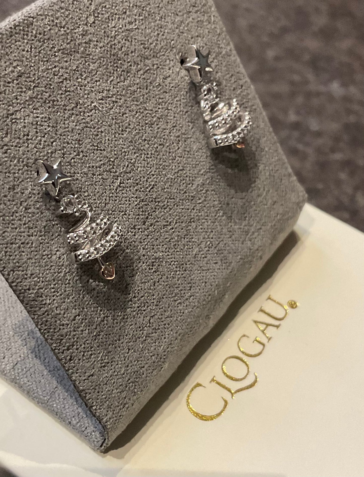 Clogau White Topaz Christmas Tree drop earrings in silver and rose gold