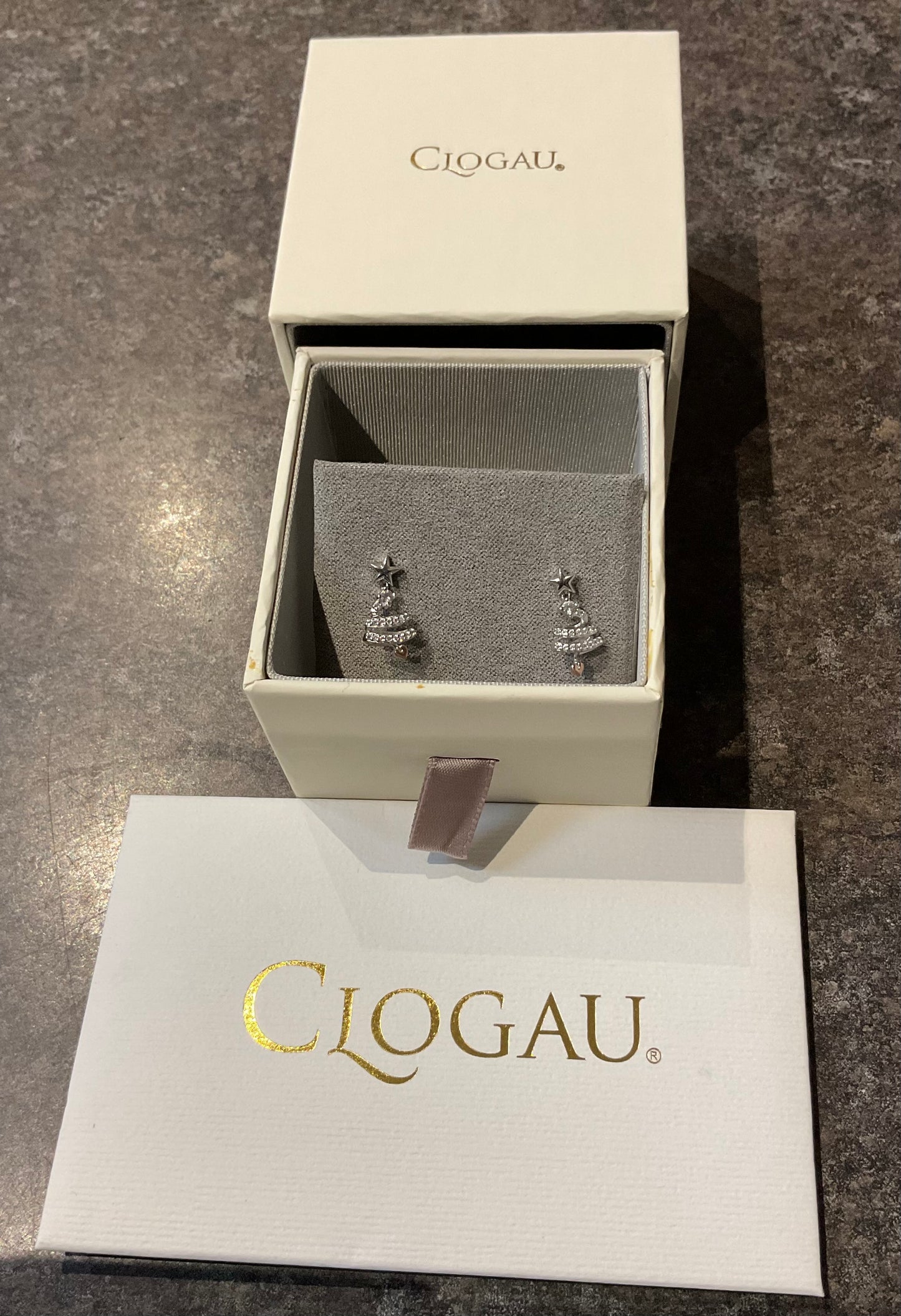 Clogau White Topaz Christmas Tree drop earrings in silver and rose gold